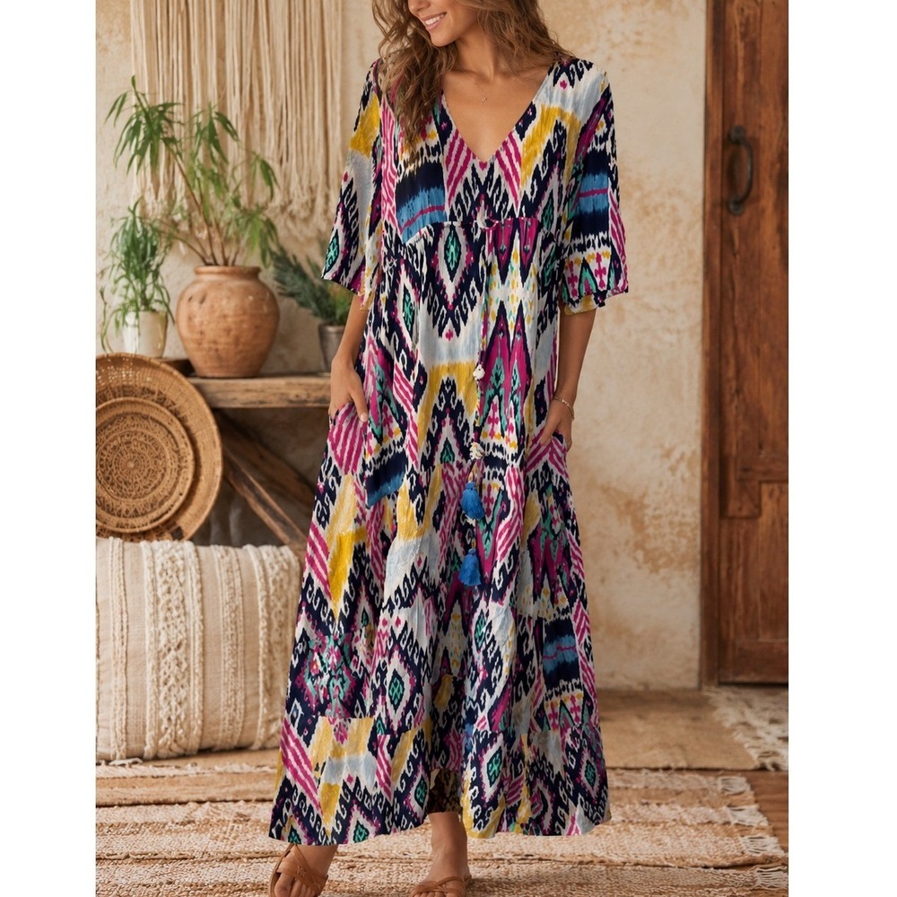 Figue Ikat Avery Maxi Dress V-Neck Tassel Boho Chic Resortwear Tribal Size Large